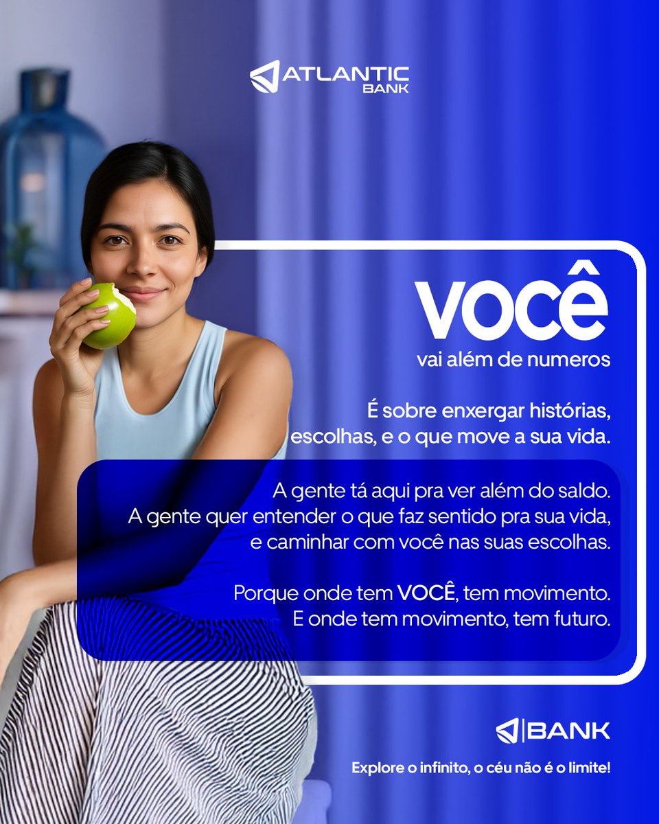 atlanticbank_'s tweet photo. "📊 Sua Instituição Financeira ainda só enxerga números?
Na Atlantic Bank, vemos VOCÊ por trás de cada conta:
✅ Suas histórias
✅ Suas escolhas
✅ Seus sonhos em movimento
Porque onde tem VOCÊ, tem futuro sendo construído💙
#atlanticbank #Campanhavocê #instituiçãofinanceira https://t.co/dl5XgVTjlC