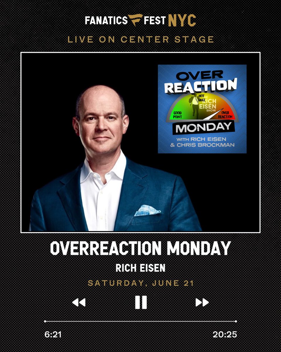 Fanatics Fest (@fanaticsfest) on Twitter photo Rich Eisen is bringing Overreaction Monday LIVE to Fanatics Fest Saturday, June 21. Overreactions welcome. 🔥 <a href="/richeisen/">Rich Eisen</a> Rich Eisen is bringing Overreaction Monday LIVE to Fanatics Fest Saturday, June 21. Overreactions welcome. 🔥 <a href="/richeisen/">Rich Eisen</a>