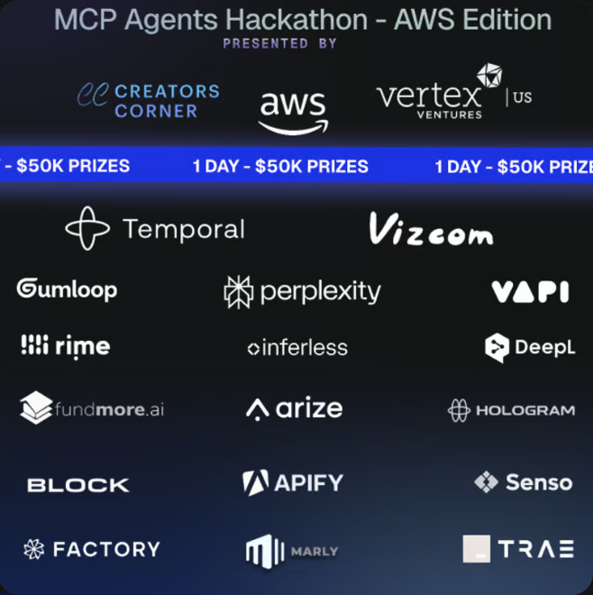 saroopbharwani's tweet photo. 🔥MCP | A2A Hackathon - AWS Edition 🔥

The agent revolution is here. Protocols like MCP and A2A are becoming the TCP/IP of intelligent systems. This is your chance to push beyond prompt engineering into truly multimodal, interoperable agents.

🗓️ Friday, May 2, 2025
📍 AWS Startup Loft, San Francisco

More sponsors are joining us!

@vertexventures 
@perplexity_ai 
@awscloud 
@temporalio 
@Vizcom_ai 
@GoSenso 
@FactoryAI 
@Trae_ai 
@Square 
@FundMoreAI 
@arizeai 
@Inferless_ 
@gumloop 
@DeepLcom 
@HologramLabs 
@Vapi_AI 
@rimelabs 
@apify 
@keboola 

🔗 Join our network of thousands of builders now: https://t.co/tajhnCmPQz