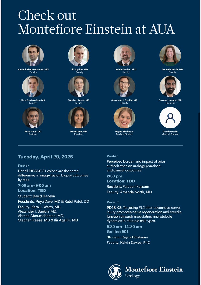 MontefioreUrology (@montefioreuro) on Twitter photo As the 2025 <a href="/AmerUrological/">Amer. Urol. Assn.</a> Meeting wraps up, we’re proud of #MontefioreEinsteinUrology for their incredible presence and impact! Don’t miss our final day lineup tomorrow. Let’s finish strong!
Learn more: auanet.org/AUA2025
#AUA2025 #MontefioreEinstein As the 2025 <a href="/AmerUrological/">Amer. Urol. Assn.</a> Meeting wraps up, we’re proud of #MontefioreEinsteinUrology for their incredible presence and impact! Don’t miss our final day lineup tomorrow. Let’s finish strong!
Learn more: auanet.org/AUA2025
#AUA2025 #MontefioreEinstein