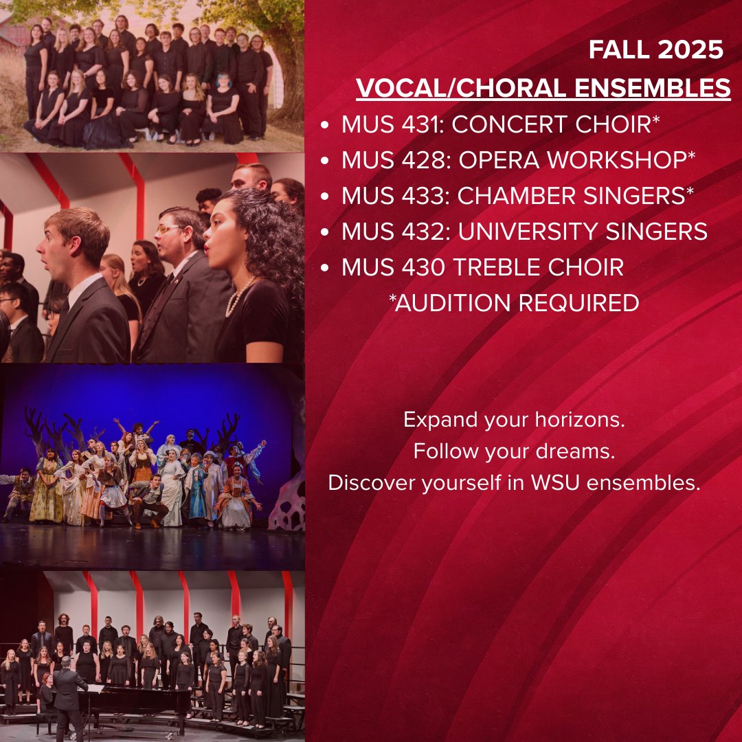 WSUPullmanMusic (@wsupullmanmusic) on Twitter photo Interested in joining an ensemble at the #WSU School of Music?
We offer a plethora of auditioned and non auditioned instrumental and vocal/choral ensembles!
Expand your horizons.
Follow your dreams.
Discover yourself in WSU ensembles. Interested in joining an ensemble at the #WSU School of Music?
We offer a plethora of auditioned and non auditioned instrumental and vocal/choral ensembles!
Expand your horizons.
Follow your dreams.
Discover yourself in WSU ensembles.