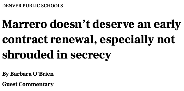 Dale Chu (@dale_chu) on Twitter photo Denverās school board promised transparency. So why the secret talks about extending the superintendentās contract more than a year early? <a href="/obriencolorado/">Barbara O'Brien</a> asks some important questions. Denverās school board promised transparency. So why the secret talks about extending the superintendentās contract more than a year early? <a href="/obriencolorado/">Barbara O'Brien</a> asks some important questions.