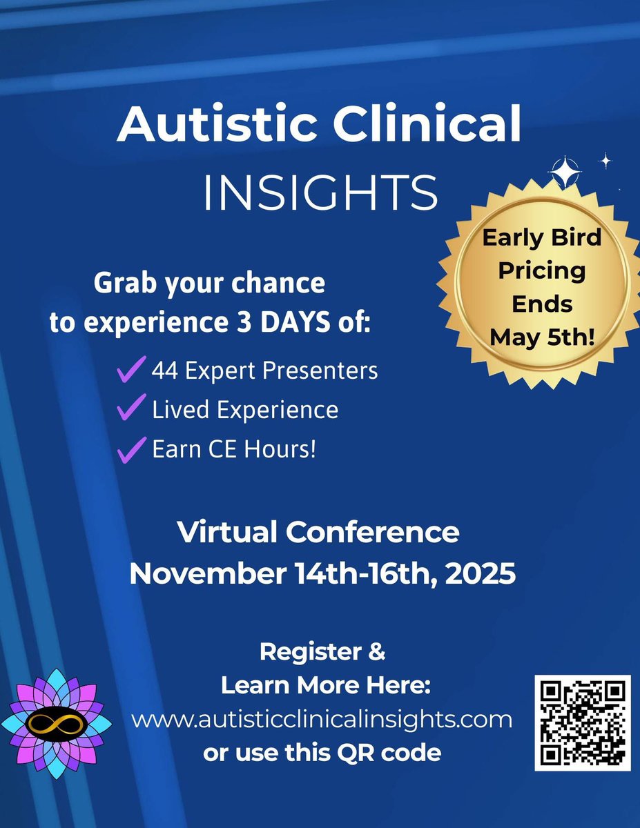 NeuroDivMFT's tweet photo. 🚨 Early Bird Ends May 5th🚨 
Join us Nov 14–16, 2025 for Autistic Clinical Insights — a virtual symposium led by experts! 🌟
Sign up: https://t.co/oWYTkh5dzc
#NeurodiversityAffirming #Autism #Neurodiversity #LMFT #LPC #MedFT #LCSW #MD #PhD #therapists #AutismAwarenessMonth https://t.co/KHsWo6szRa