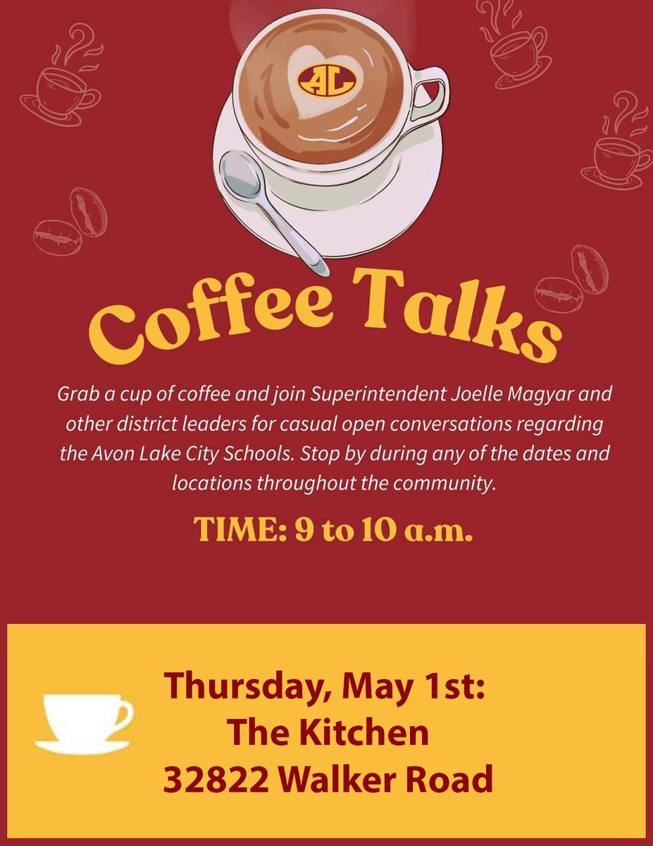 ☕️Join Superintendent Magyar and other district administrators at the next Coffee Talks event this Thursday, May 1st from 9-10 a.m. at The Kitchen!
