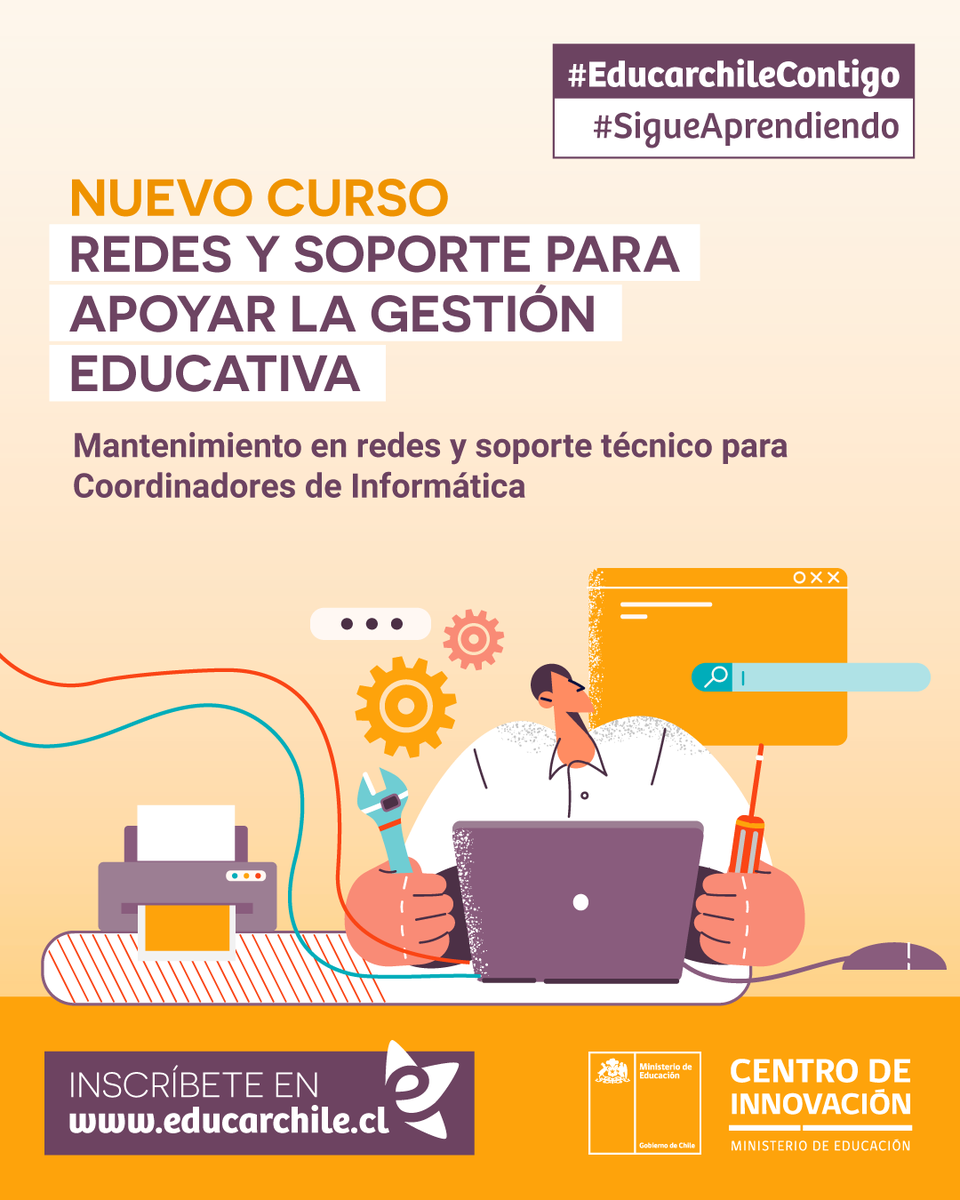 ¡Nuevo curso gratuito! Redes y soporte para apoyar la gestión educativa
Este programa formativo busca fortalecer competencias en gestión, mantención y soporte de infraestructura digital educativa, garantizando su disponibilidad, seguridad y eficiencia.
✍️bit.ly/4juReGN