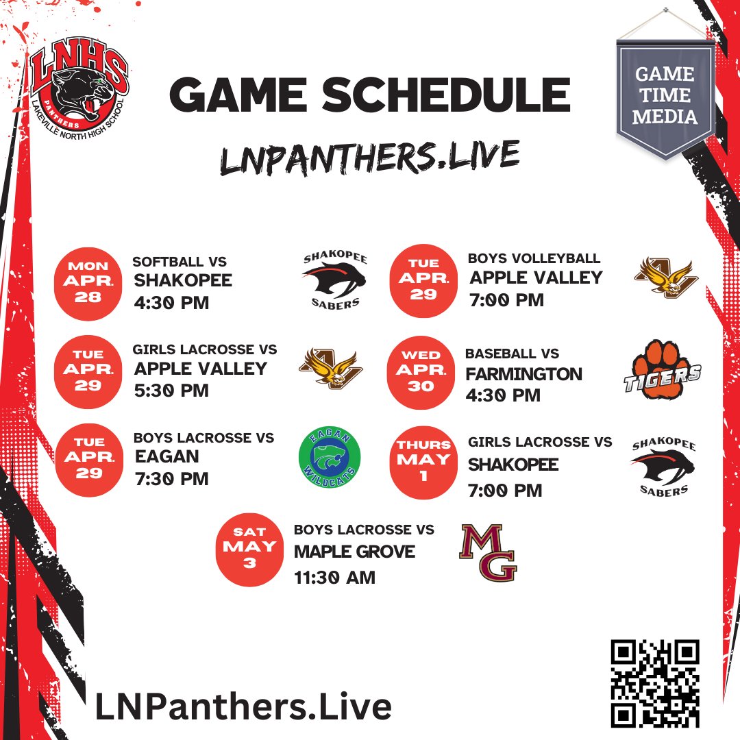 The Lakeville North Panthers have a packed lineup this week! 🥎🥍🏐⚾ Catch the action live:
🎥 LNPanthers.Live

#LakevilleNorthPanthers #MNHighSchoolSports #SpringSports