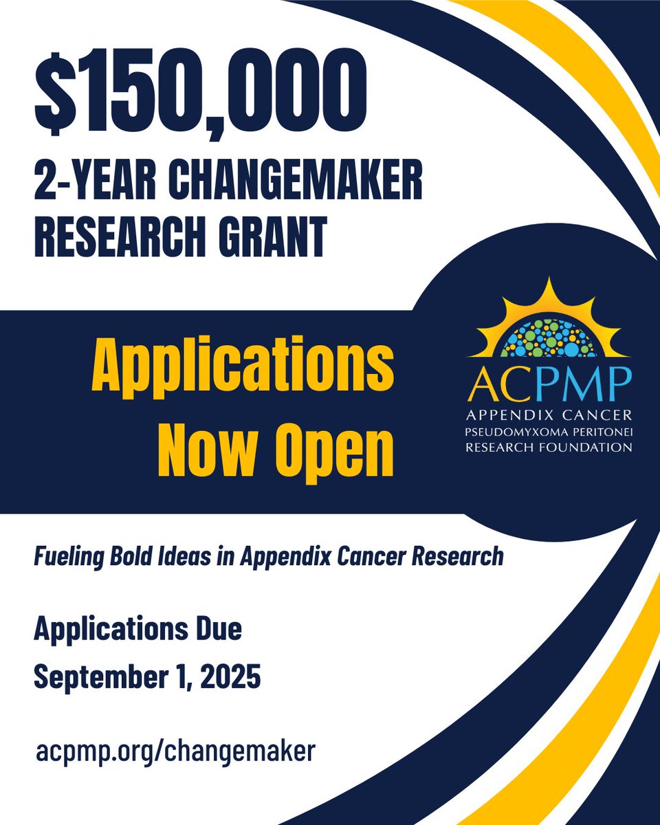 Appendix Cancer PMP Research Foundation (@acpmpresearch) on Twitter photo Applications now open for new $150K 2-Year Global Changemaker Grant for #appendixcancer/PMP research! Focus areas align with ACPMP Think Tank priorities (<a href="/drholowatyj/">Andreana N. Holowatyj 🇺🇦</a> et al. <a href="/NatureRevCancer/">Nature Reviews Cancer</a>, 2025). Apply by 9/1/25!
Learn more: acpmp.org/research/15000…
<a href="/OncoAlert/">OncoAlert</a> #ResearchGrant Applications now open for new $150K 2-Year Global Changemaker Grant for #appendixcancer/PMP research! Focus areas align with ACPMP Think Tank priorities (<a href="/drholowatyj/">Andreana N. Holowatyj 🇺🇦</a> et al. <a href="/NatureRevCancer/">Nature Reviews Cancer</a>, 2025). Apply by 9/1/25!
Learn more: acpmp.org/research/15000…
<a href="/OncoAlert/">OncoAlert</a> #ResearchGrant