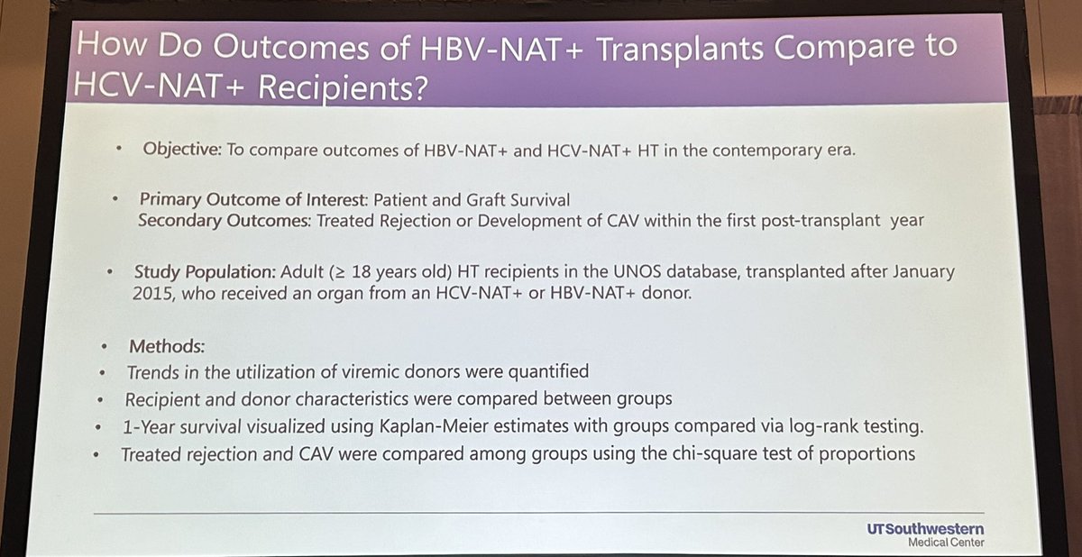 SaraInglisMBBCh's tweet image. Comparison of #HCV vs #HBV NAAT + donors from #UNOS data @ISHLT 

🚫 difference in 1-yr survival, #rejection treatment or #CAV

⭐️Highlights the potential of HBV+ organs to safely expand the donor pool

⭐️Further studies and broader clinical experience needed