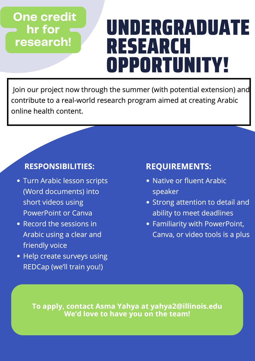 📣 UNDERGRADUATE RESEARCH OPPORTUNITY 📣  

🗣 The Division of Nutritional Sciences is looking for Undergraduate Arabic speakers to help convert educational materials into short, engaging videos, record audio, and assist in building related surveys!  

⭐️ vist.ly/3m2znq5