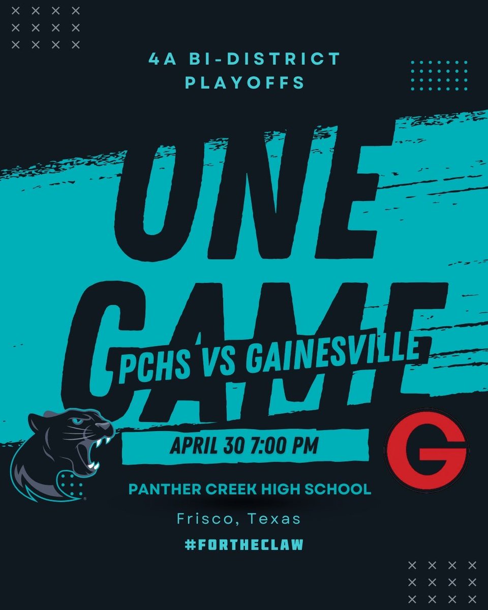 Panther Creek Baseball (@panthercreekbsb) on Twitter photo Bi-District Playoff One Game Series
Gainesville vs. Panther Creek
📅Wednesday, April 30
⏰7:00p.m.
📍<a href="/PCHSFrisco/">Panther Creek High School</a>
🎫events.hometownticketing.com/organization/2… Bi-District Playoff One Game Series
Gainesville vs. Panther Creek
📅Wednesday, April 30
⏰7:00p.m.
📍<a href="/PCHSFrisco/">Panther Creek High School</a>
🎫events.hometownticketing.com/organization/2…