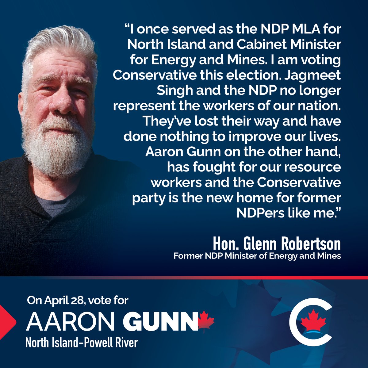 AaronGunn's tweet photo. Very honoured to have the support and endorsement of the former NDP MLA for the North Island and Minister of Energy and Mines, Glenn Robertson!

A good reminder, that the NDP is no longer the party they once were.

NOW DON'T FORGET TO VOTE! 🇨🇦 https://t.co/ltboPDbTaP