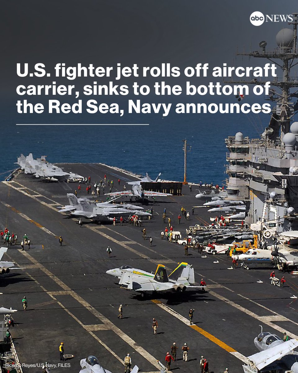 ABC's tweet image. NEW: An F/A-18 fighter jet rolled off the side of an aircraft carrier and sank to the bottom of the Red Sea, the U.S. Navy announced on Monday.

Read more: abcnews.link/oil53Mq