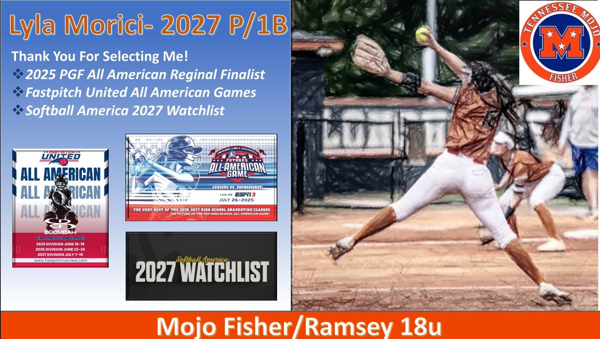 LylaMorici18 2027 (@lmorici11) on Twitter photo Thanks to <a href="/PGFnetwork/">PGF</a> <a href="/fastpitchunite/">Fastpitch United</a> <a href="/SoftbalAmerica/">Softball America</a> for the recognition. I'm looking forward to competing this summer. <a href="/MojoFisher18u/">Tennessee Mojo - Ramsey / Fisher</a> <a href="/KellSoftball/">Kell Fastpitch</a> <a href="/LineDsoftball/">Line Drive Media</a> Thanks to <a href="/PGFnetwork/">PGF</a> <a href="/fastpitchunite/">Fastpitch United</a> <a href="/SoftbalAmerica/">Softball America</a> for the recognition. I'm looking forward to competing this summer. <a href="/MojoFisher18u/">Tennessee Mojo - Ramsey / Fisher</a> <a href="/KellSoftball/">Kell Fastpitch</a> <a href="/LineDsoftball/">Line Drive Media</a>
