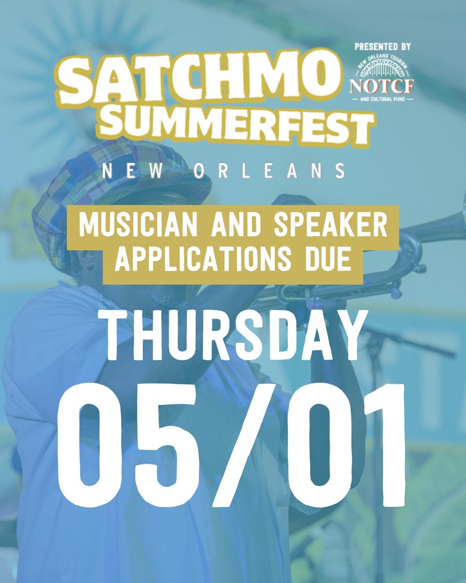 FQFestNOLA's tweet image. Artist and speaker apps for #SatchmoSummerFest are due 5/1! 🎺 Apply now to join the world’s biggest Louis Armstrong celebration at l8r.it/ArVw.
See you 8/2–8/3 at @nolajazzmuseum! 🎶 Info: l8r.it/N9Ks.