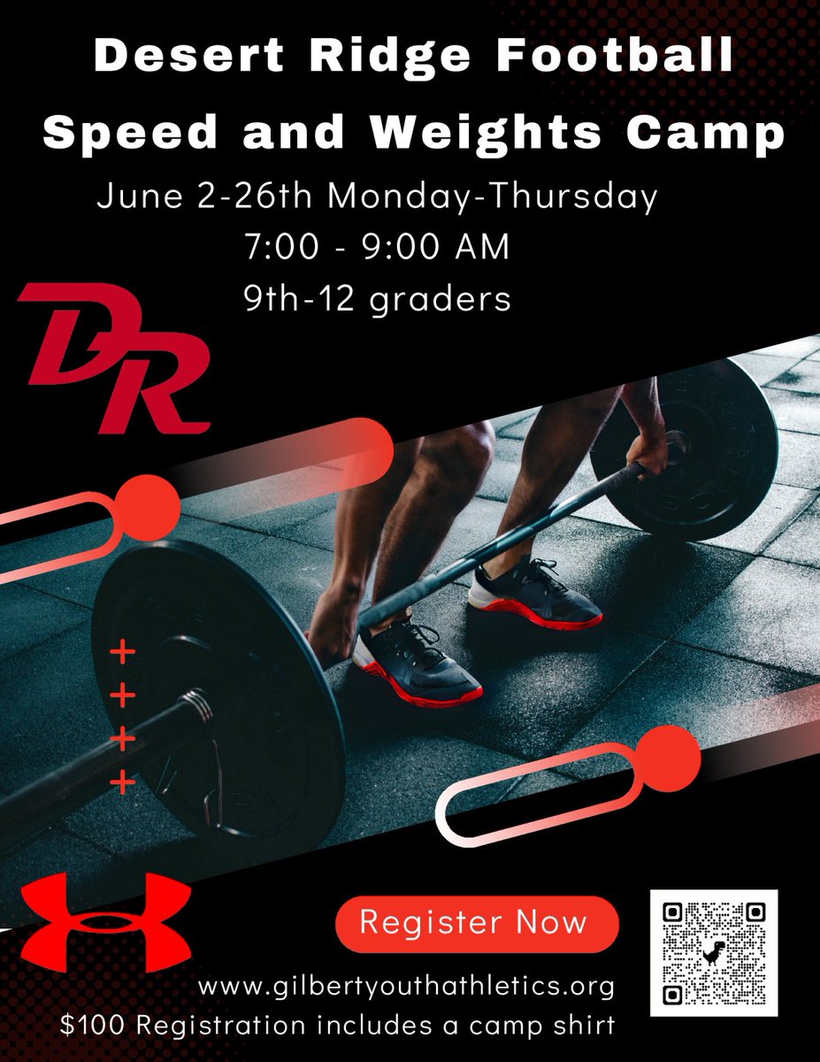Get ready to level up this summer!
Desert Ridge High School Football Speed and Weights Camp for all 9th–12th graders, to build strength, speed, and skills for the upcoming season.
Register now gilbertyouthathletics.org — let’s get to work!
#azhighschoolfootball #gilbertfootball