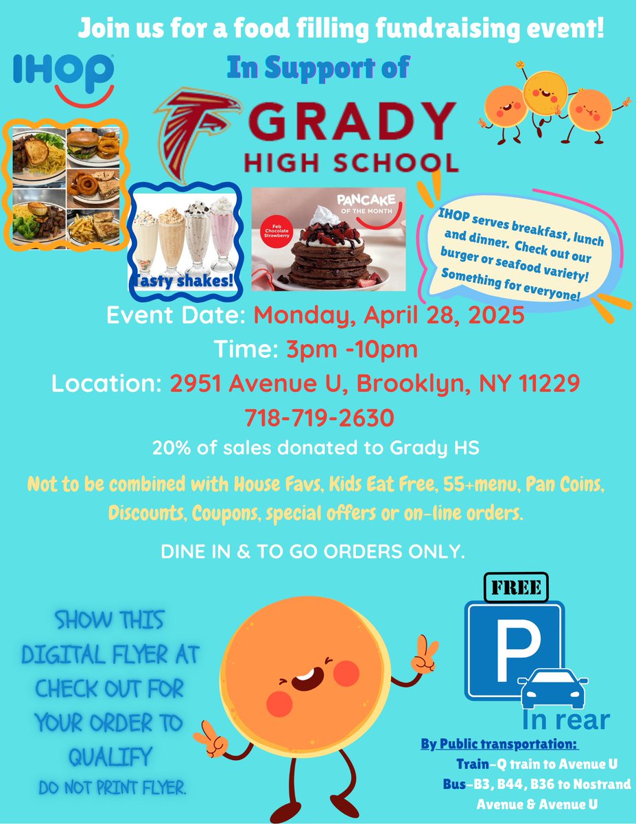Join us for a delicious fundraising event! Support Grady High School on April 28 from 3pm-10pm at 2951 Avenue U, Brooklyn. 20% of sales donated! Show this digital flyer at checkout. #GradyHS #Fundraiser #GradyHSGlory #FalconStrong #falconstrongtogether