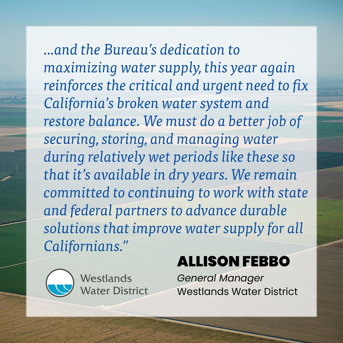 Westlands_Water's tweet photo. In response to the announcement from the U.S. Bureau of Reclamation to increase the water allocation for Central Valley Project (CVP) South-of-Delta agricultural contractors from 40% to 50%, Westlands Water District General Manager @AllisonFebbo has issued the following statement.