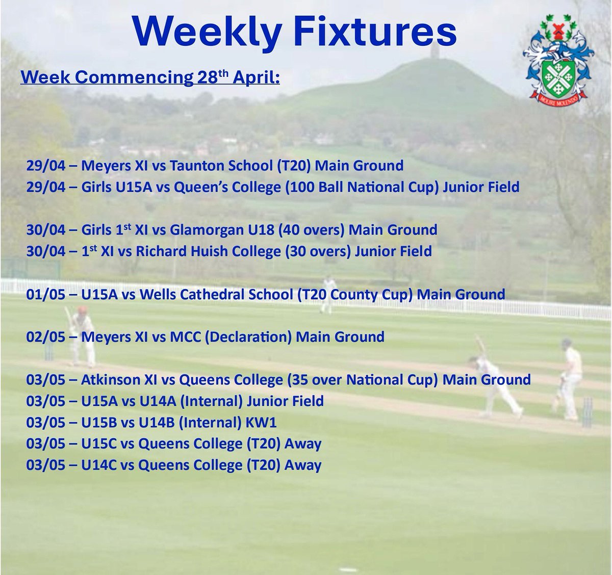 The 2nd week has commenced and we have some brilliant fixtures lined up. Plenty of cup fixtures with the Girls U15 &amp; Atkinson XI getting their National Cup competitions going and the Boys U15As in the County Cup
🔴🟢🔵

Also, we have our annual fixture against the MCC💪