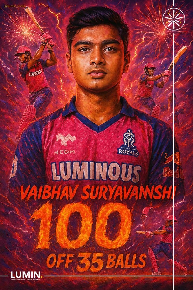 lumin_india's tweet photo. The 14-year-old prodigy, Vaibhav Suryavanshi, seals the moment in spectacular style!
.
.
.
.
For creative designs like this, reach out to @lumin_india @rajasthanroyals 

#VaibhavSuryavanshi #RajasthanRoyals #HallaBol #PinkArmy #RoyalsFamily #IPL2025 #TATAIPL #CricketCarnival https://t.co/aDe5VBmhor