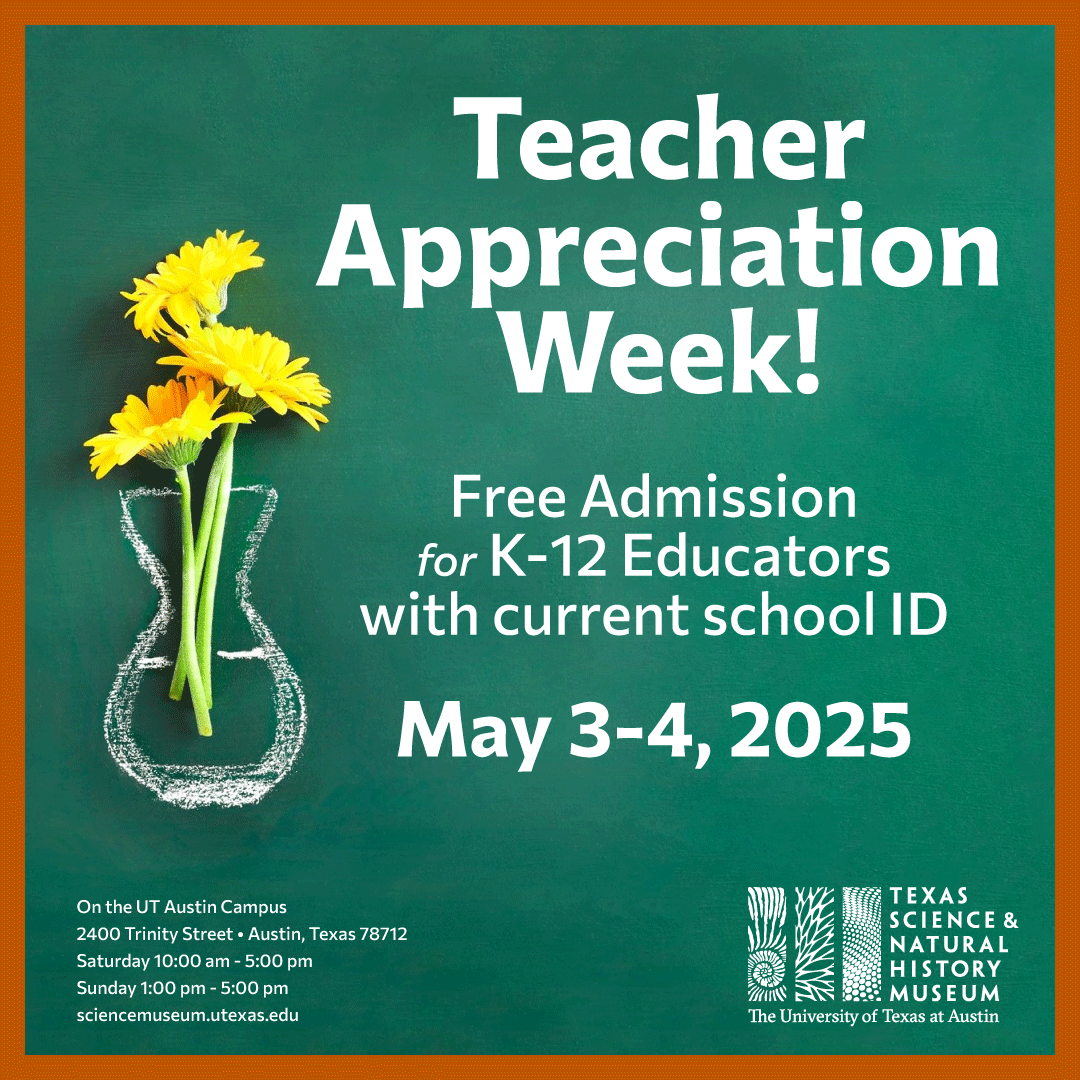 TXSciNatHisMus's tweet image. In honor of Teacher Appreciation Week, we’re giving all K–12 teachers FREE museum admission on Saturday, May 3, and Sunday, May 4. 🏛️🦖 Just show your school ID at the admissions desk! bit.ly/42MB1pi