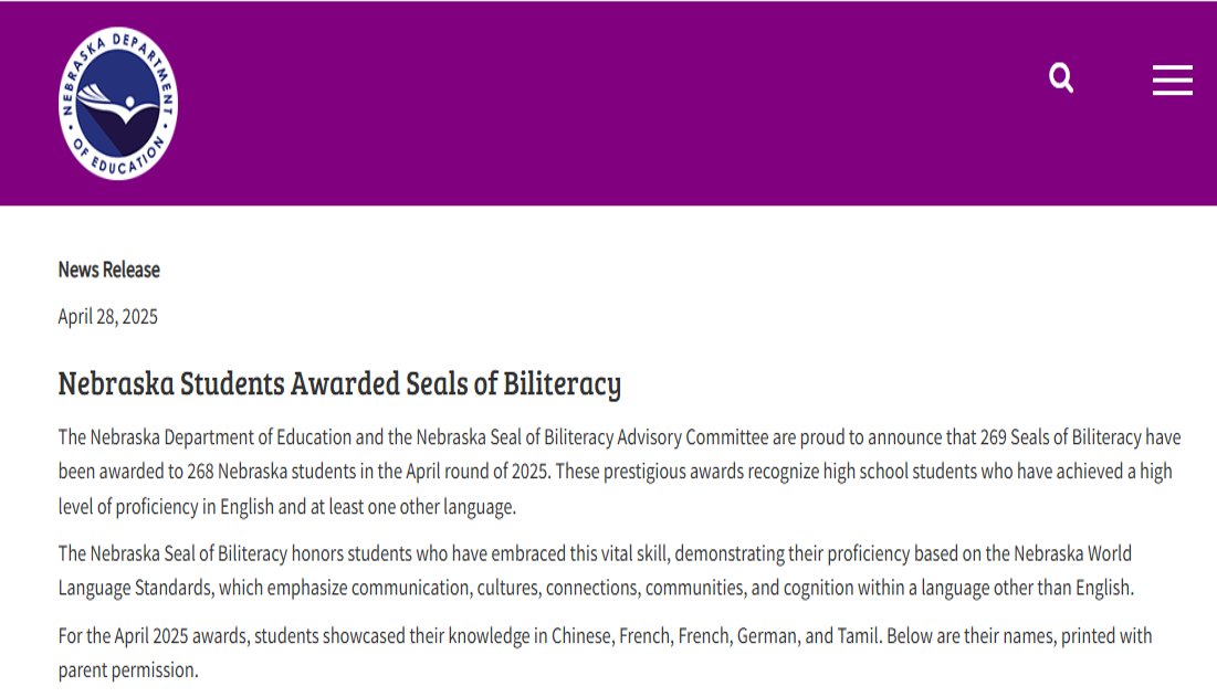 Chrystal Liu (@nde_worldlang) on Twitter photo 🚨 Hot off the press! 🚨
269 Nebraska students earned the Seal of Biliteracy in April 2025! 🌎🎉
Congrats to all for showcasing multilingual skills in English, Chinese, French, German, and Tamil!
👏 Full news release: education.ne.gov/press_release/… <a href="/ESUCC/">ESUCC</a> <a href="/BiliteracySeal/">Seal of Biliteracy</a> <a href="/NDE_News/">NDE NEWS</a> 🚨 Hot off the press! 🚨
269 Nebraska students earned the Seal of Biliteracy in April 2025! 🌎🎉
Congrats to all for showcasing multilingual skills in English, Chinese, French, German, and Tamil!
👏 Full news release: education.ne.gov/press_release/… <a href="/ESUCC/">ESUCC</a> <a href="/BiliteracySeal/">Seal of Biliteracy</a> <a href="/NDE_News/">NDE NEWS</a>