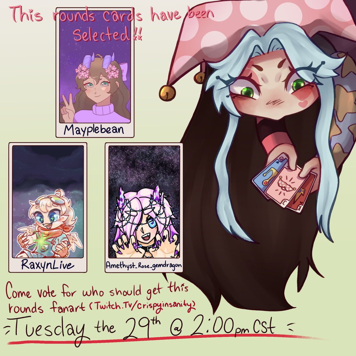 OK SPELLING MISTAKES FIXED!
(My bad)
——
This is the vote for this round! You will be able to vote Tuesday the 29th at 2pm cst!
——
Remember this isn’t a popularity contest but instead a chance to give cool people fun art!