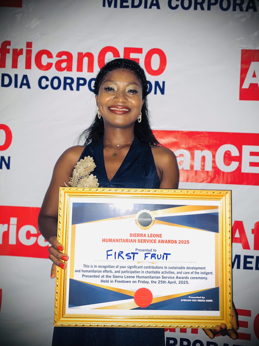iye_abu's tweet photo. On Friday, April 25th, 2025 at the #RaddisonBlueHotel, First Fruit was honored with the Sierra Leone Humanitarian Service Award, presented by the #African #CEO #Media  #Corporation at the prestigious Sierra Leone Humanitarian Service Awards ceremony https://t.co/OEX1mM6ngY