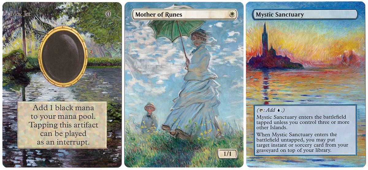 Three Monet alters. Hand painted after Pond at Montgeron (1876), Woman with a Parasol - Madame Monet and Her Son (1875), and San Giorgio Maggiore at Dusk (1912).