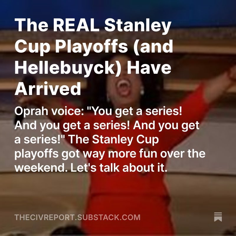 It was the weekend of Having Ourselves a Series. 4 are tied and 3 are on the brink.

Can the Harmonica Class start playing in second intermission? How much of *gestures towards the Jets* is on Hellebuyck? Is Brady Tkachuk literally Pedro Martinez? thecivreport.substack.com/p/the-real-sta…