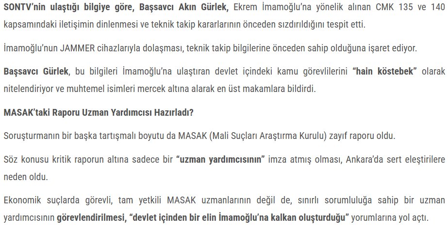 İstanbul Adliyesi'ne yakın Son TV'nin İmamoğlu soruşturması haberi:

-MASAK neden en yetkili uzmanları görevlendirmedi?

-MASAK Başkanı neden bu zayıf hazırlığı kabul etti?

-Uzman yardımcısının raporunun amacı soruşturmayı etkisiz hale getirmek miydi?

-Başsavcılık bürokratlar,
