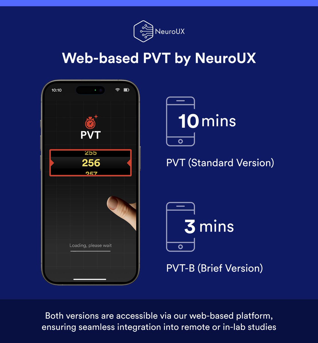 getNeuroUX's tweet photo. NeuroUX Psychomotor Vigilance Test (PVT)
 
The Psychomotor Vigilance Test (PVT) is a widely used cognitive test designed to assess sustained attention and reaction time. It is the de-facto gold standard for objectively assessing behavioral alertness and very sensitive to sleep loss and circadian misalignment.

Available Versions:
▪️ Standard PVT (10 minutes): Provides comprehensive data on sustained attention and reaction times. Ideal for in-depth studies.

▪️ Brief PVT (3 minutes): Enables rapid assessments while retaining the critical features necessary for meaningful insights, balancing efficiency and precision.

Why choose NeuroUX PVT?
✅ Browser-based and cross-platform. No apps, no installations.
✅ Seamless deployment for remote, in-clinic, and decentralized studies.
✅ Designed for simplicity, ensuring participants can complete the test easily without additional guidance.
