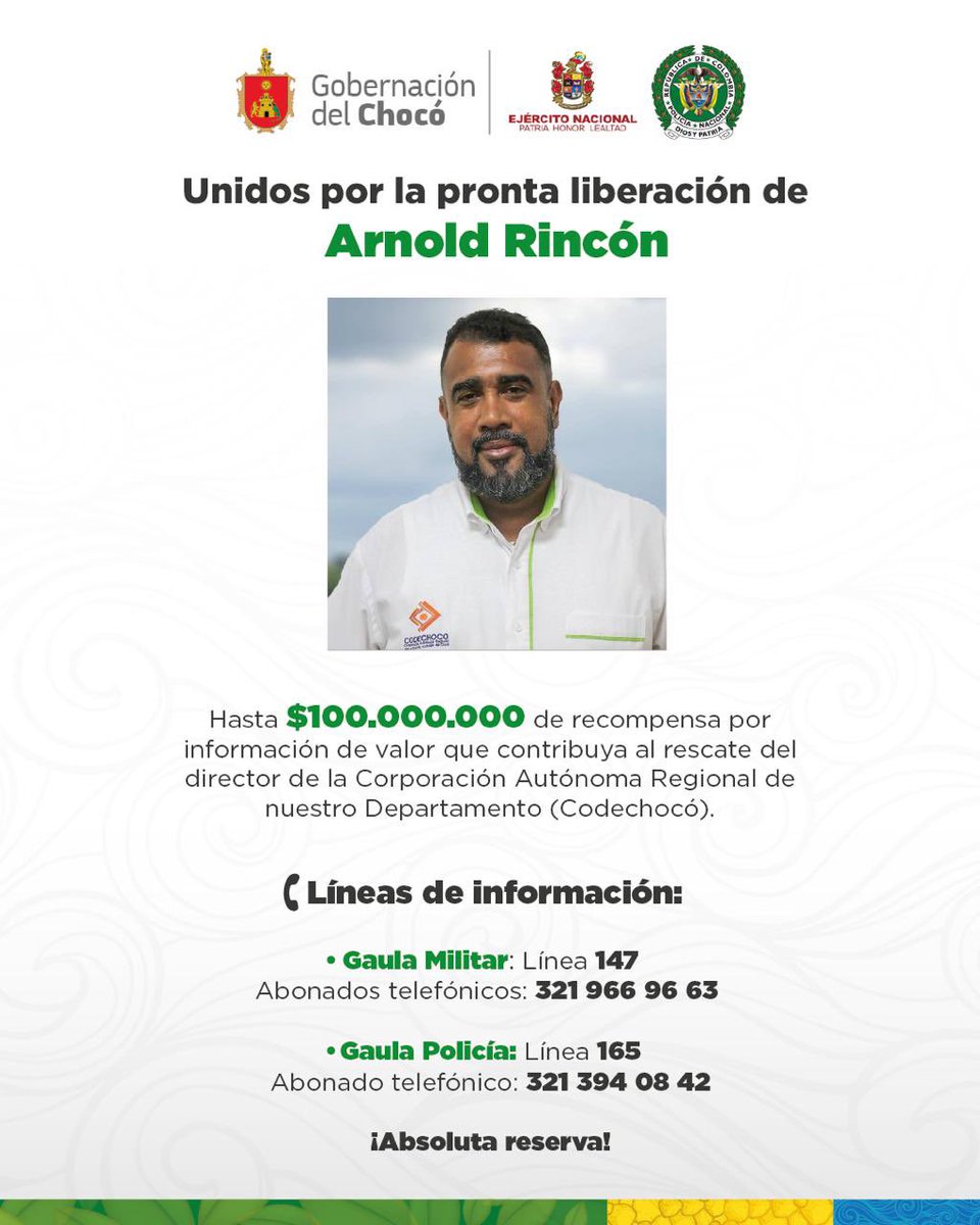 GobChoco's tweet photo. 🔰Importante| Líneas habilitadas para recibir información que contribuya a la liberación del director de @CodechocoCar Arnold Rincón López. ¡Absoluta reserva! 
@Ejercito_Div7 @PoliciaChoco https://t.co/ayXE6Audzu