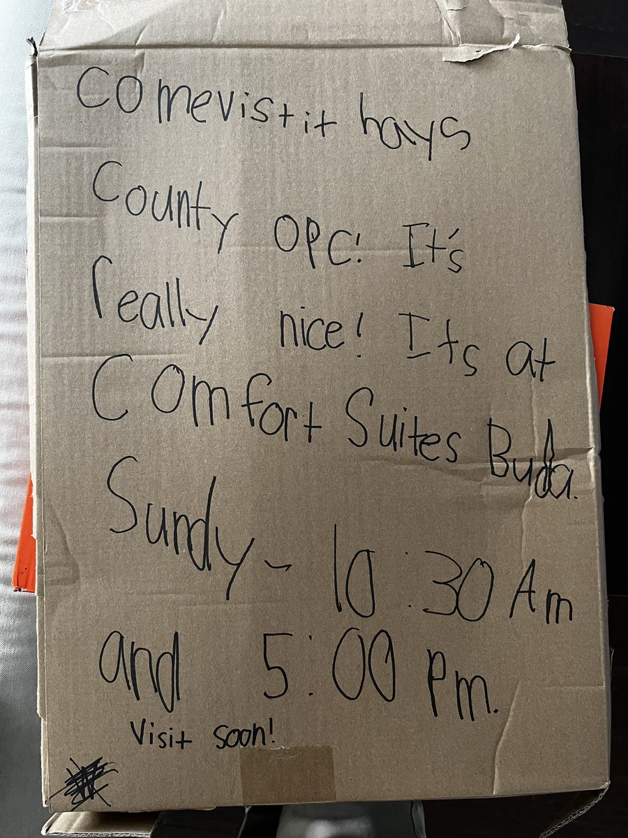 HaysCountyOPC's tweet photo. Sign was made by one of our younger members:

“Come visit Hays County OPC! It’s really nice! It’s at Comfort Suites Buda

Sundy - 10:30 AM
and 5:00 PM

Visit soon!”

https://t.co/qqQe0UzKKr https://t.co/sMes0khYJr
