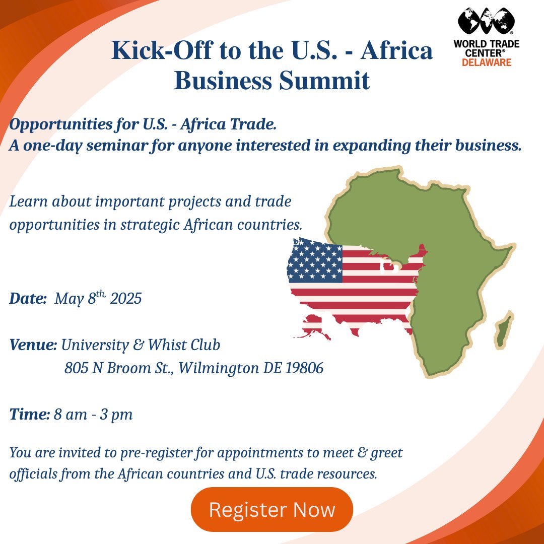 🗝️ Connect with Key Leaders: U.S.-Africa Business Summit Kick-Off – May 8
.
👍 Opportunities for U.S.-Africa Trade: A One-Day Seminar for Anyone Interested in Expanding Their Business
.
🔗 conta.cc/3GtO7QU