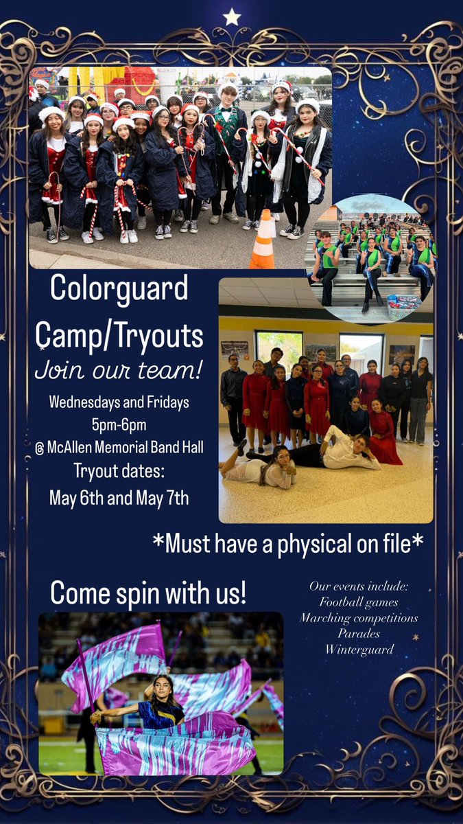 Come on out and join us Wednesday and Friday! Come spin with us and join our team!
Tryouts will be next week!
Open to incoming freshman - seniors!
We hope to see you there!
<a href="/Pride_Mustangs/">Pedro Alvarez, Jr.</a> <a href="/ramjrcastillo/">Ramiro Castillo Jr.</a> <a href="/McAllenMemorial/">Memorial High School</a> <a href="/memorialBAND/">memorialBAND</a> <a href="/McAllenISD/">McAllen ISD</a> <a href="/mcallenfinearts/">McAllen ISD Fine Arts</a>