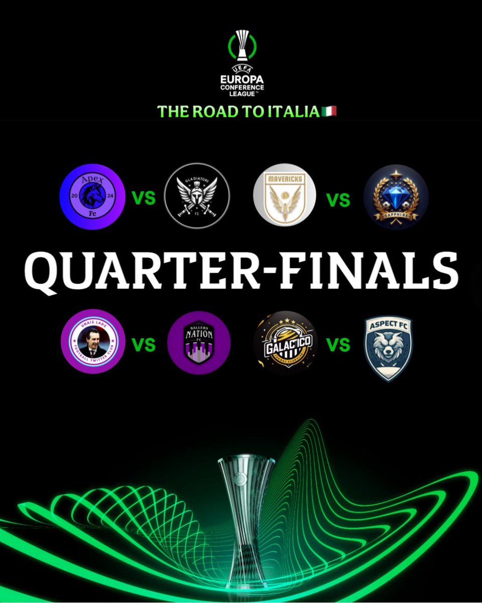 FT Europa Conference League (Parody) (@ft_uecl) on Twitter photo YOUR #FTUECL SEASON 21 QUATER-FINAL DRAW๐๐ค.
โข <a href="/ApexFCFT/">Apex FC</a> VS <a href="/GladiatorsFTFC/">๐๐๐๐๐๐๐๐๐๐ ๐
๐</a>
โข <a href="/MavericksFTFC/">Mavericks FC(We BACK)</a> VS <a href="/SapphireFTFC/">SapphireFTFC</a>
โข <a href="/UnaisLads/">Unais Lads FC</a> VS <a href="/BallersNationFC/">Ballers Nation FC (ENDED)</a>
โข <a href="/GalacticoFCFT/">Galactico FC ๐๐ค</a> VS @Aspect_FC
THE FINAL 8, ONE WINNER , ONE TROPHY๐ฅ.
WHO WILL GO ALL THE WAYโ๏ธ.
PREDICTIONSโฌ๏ธโฌ๏ธโฌ๏ธ. YOUR #FTUECL SEASON 21 QUATER-FINAL DRAW๐๐ค.
โข <a href="/ApexFCFT/">Apex FC</a> VS <a href="/GladiatorsFTFC/">๐๐๐๐๐๐๐๐๐๐ ๐
๐</a>
โข <a href="/MavericksFTFC/">Mavericks FC(We BACK)</a> VS <a href="/SapphireFTFC/">SapphireFTFC</a>
โข <a href="/UnaisLads/">Unais Lads FC</a> VS <a href="/BallersNationFC/">Ballers Nation FC (ENDED)</a>
โข <a href="/GalacticoFCFT/">Galactico FC ๐๐ค</a> VS @Aspect_FC
THE FINAL 8, ONE WINNER , ONE TROPHY๐ฅ.
WHO WILL GO ALL THE WAYโ๏ธ.
PREDICTIONSโฌ๏ธโฌ๏ธโฌ๏ธ.