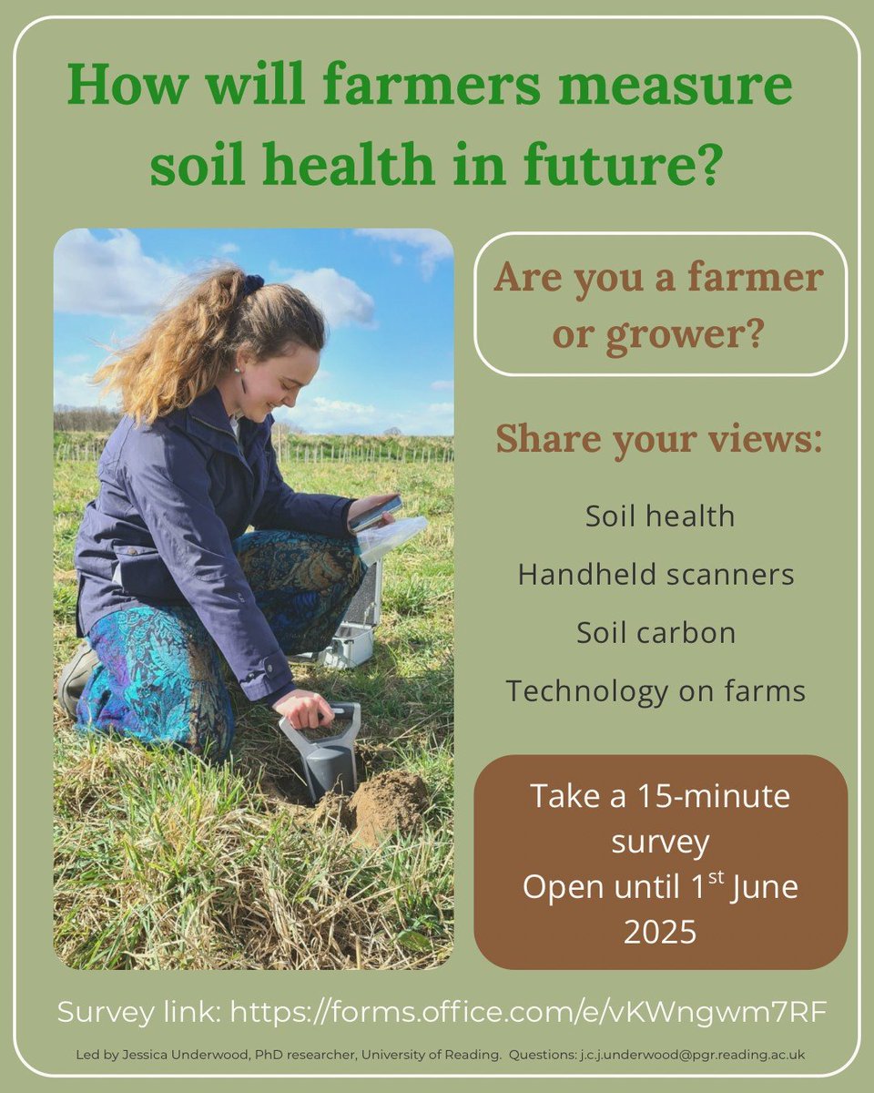 🌱 How will farmers measure soil health in the future? Share your views on new handheld soil scanners, soil carbon, and farm monitoring.

 🕒 15-min survey led by PhD researcher Jessica Underwood, open until 1st June 2025!

 👉 forms.office.com/e/vKWngwm7RF