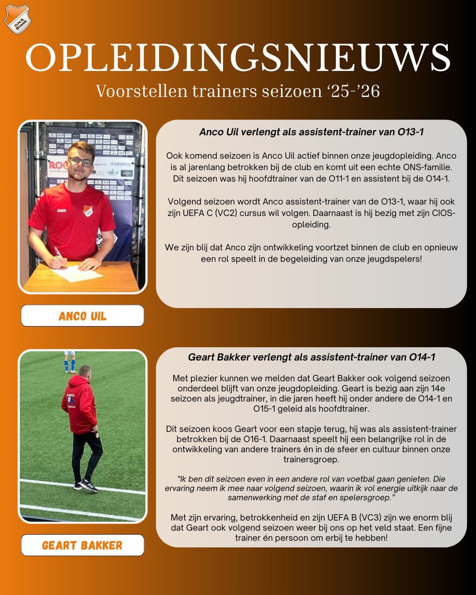 🔶𝗩𝗲𝗿𝘃𝗼𝗹𝗴 𝘁𝗿𝗮𝗶𝗻𝗲𝗿𝘀𝗻𝗶𝗲𝘂𝘄𝘀 𝗶𝗻 𝗱𝗲 𝗷𝗲𝘂𝗴𝗱𝗼𝗽𝗹𝗲𝗶𝗱𝗶𝗻𝗴!🔶

Weer een mooie groep trainers ligt vast voor het seizoen 2025/2026. Zowel vertrouwde als nieuwe namen zetten hun ontwikkeling voort binnen onze jeugdopleiding. 👊

#ONSSneek #Jeugdopleiding