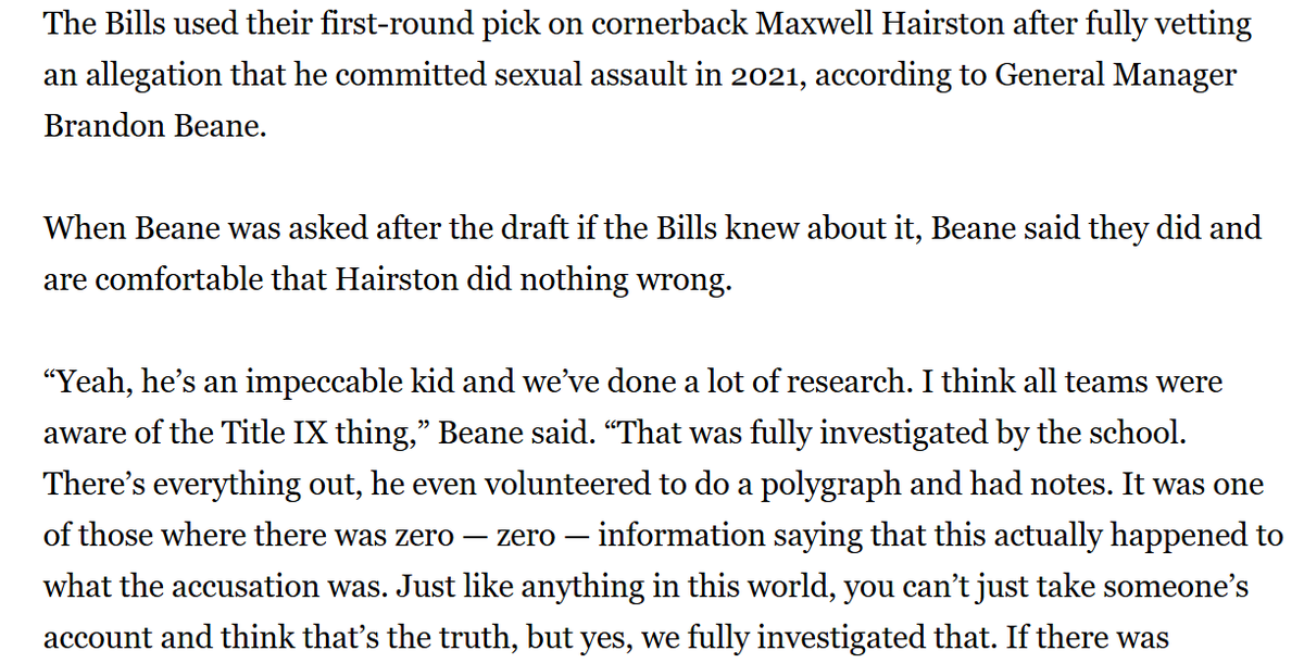 kcjohnson9's tweet photo. Perhaps a sign of changing times:

The Bills addressed a TIX allegation against their first-round pick this year very differently than the (ultimately unfounded) allegation against Matt Araiza (who they cut almost immediately after the claim became public) in 2022. https://t.co/DXqXT8FaIN