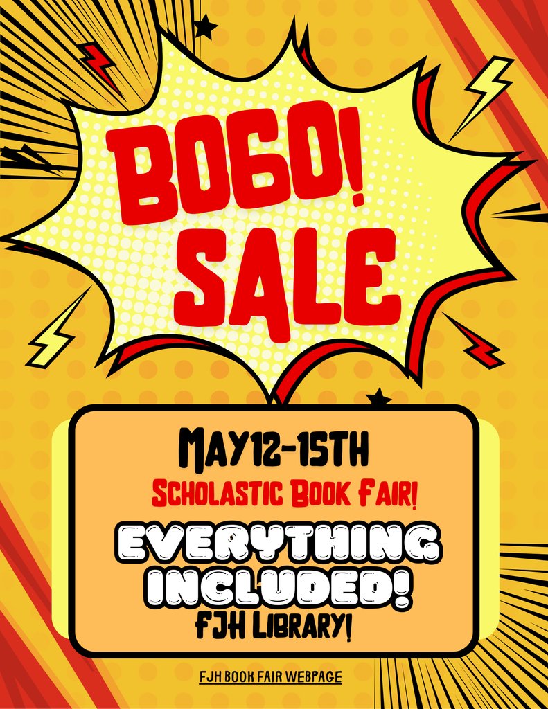 FJH's BOGO Book Fair!
May 12-15th. Open  during school hours. 
Visit Our Fair Page here: bookfairs.scholastic.com/bf/fairviewjun…