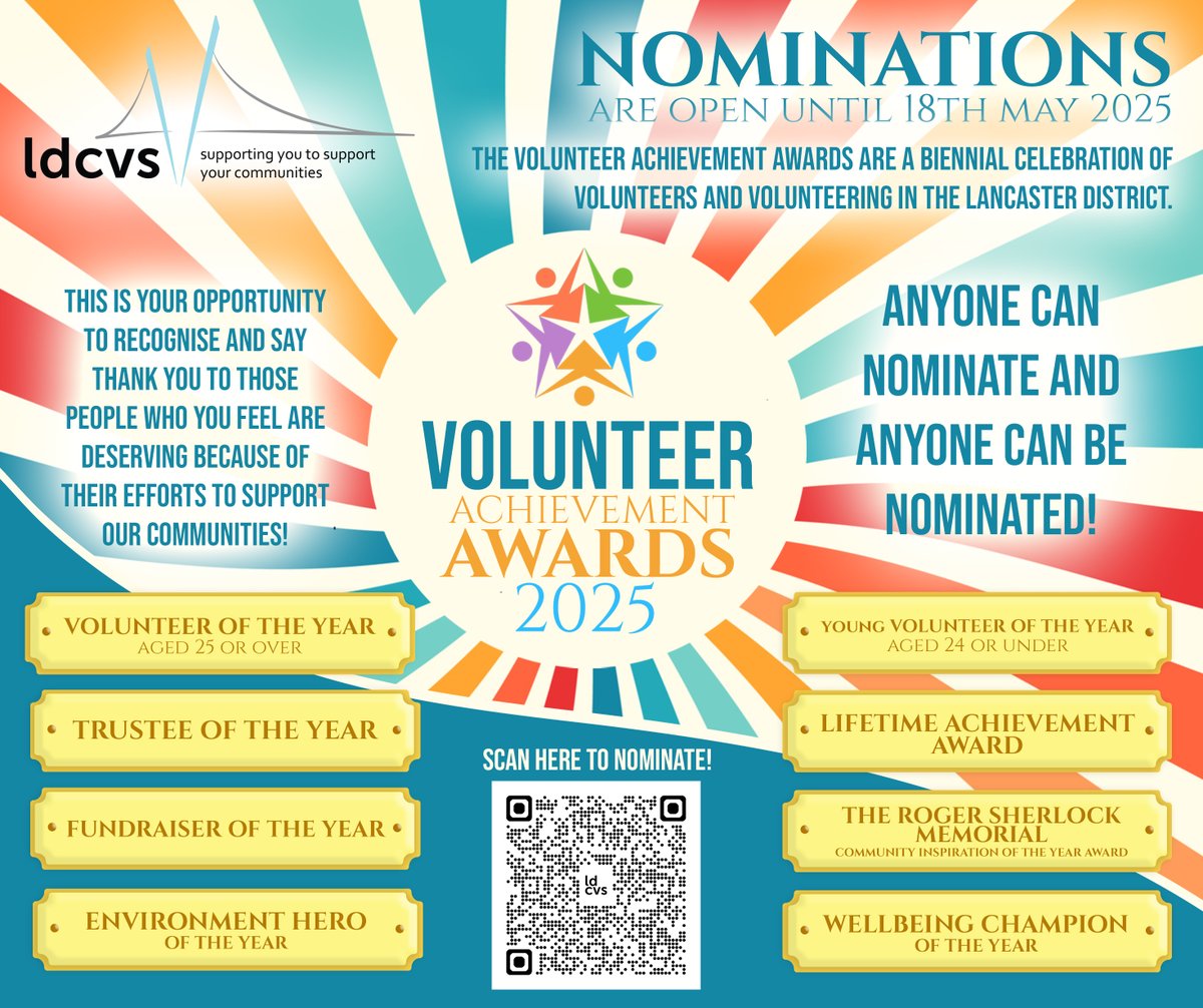 🌟 Know someone who gives their time, heart &amp; soul to help others? 🌟 Nominate them for the Lancaster District CVS Volunteer Achievement Awards 2025! 🏆
Submit your nomination by 18 May: lancastercvs.org.uk/volunteer-achi… #Lancaster #Morecambe #LuneValley #Volunteering