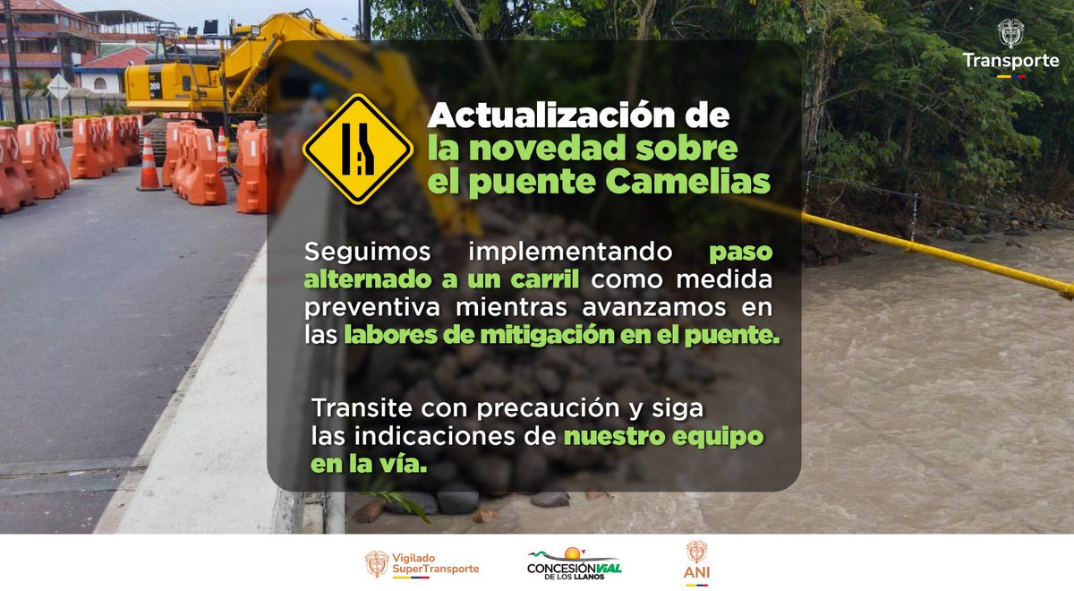cviallanos's tweet photo. Seguimos avanzando en las labores de mitigación en el puente Camelias 🚧, garantizando el paso seguro con tránsito alternado a un carril. Recomendamos precaución y atención a las señales en la vía. 🫡 https://t.co/lhwIa5A17K
