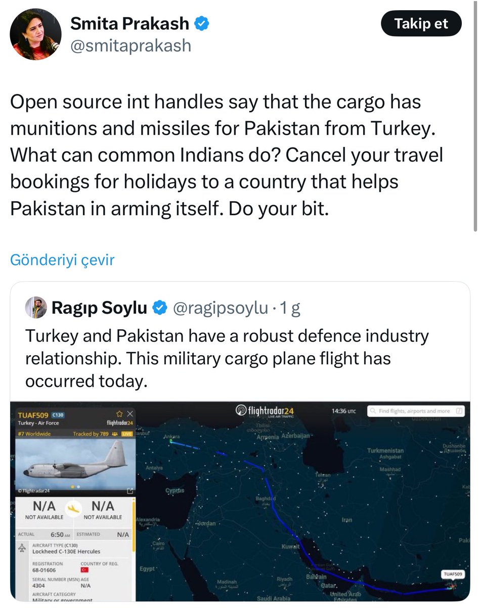 الصحفية الهندية سميتا براكاش تدعو المواطنين الهنود إلى الغاء حجوزاتهم إلى تركيا تعليقًا على خبر تسليح تركيا لباكستان.

زار 330 ألف هندي فقط تركيا العام الماضي من إجمالي 62.3 مليون زائر، أي ما يعادل 0.53% تقريبًا.