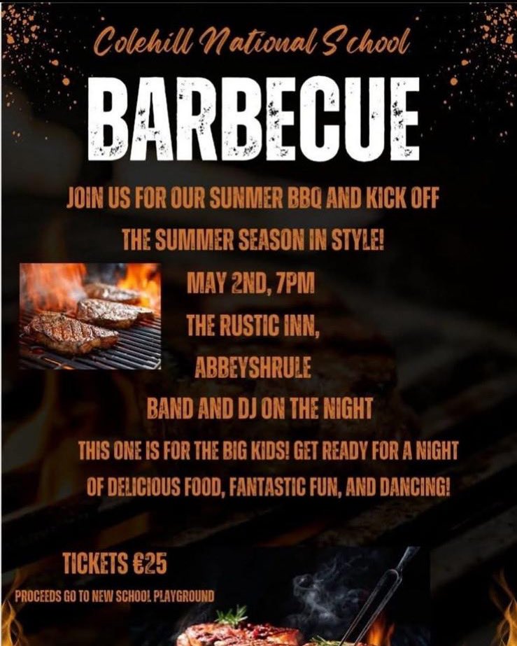 Come and kick off the new season in style at a summer barbecue in aid of Colehill National School this Friday night in the Rustic Inn at 7pm 🍔💃🕺