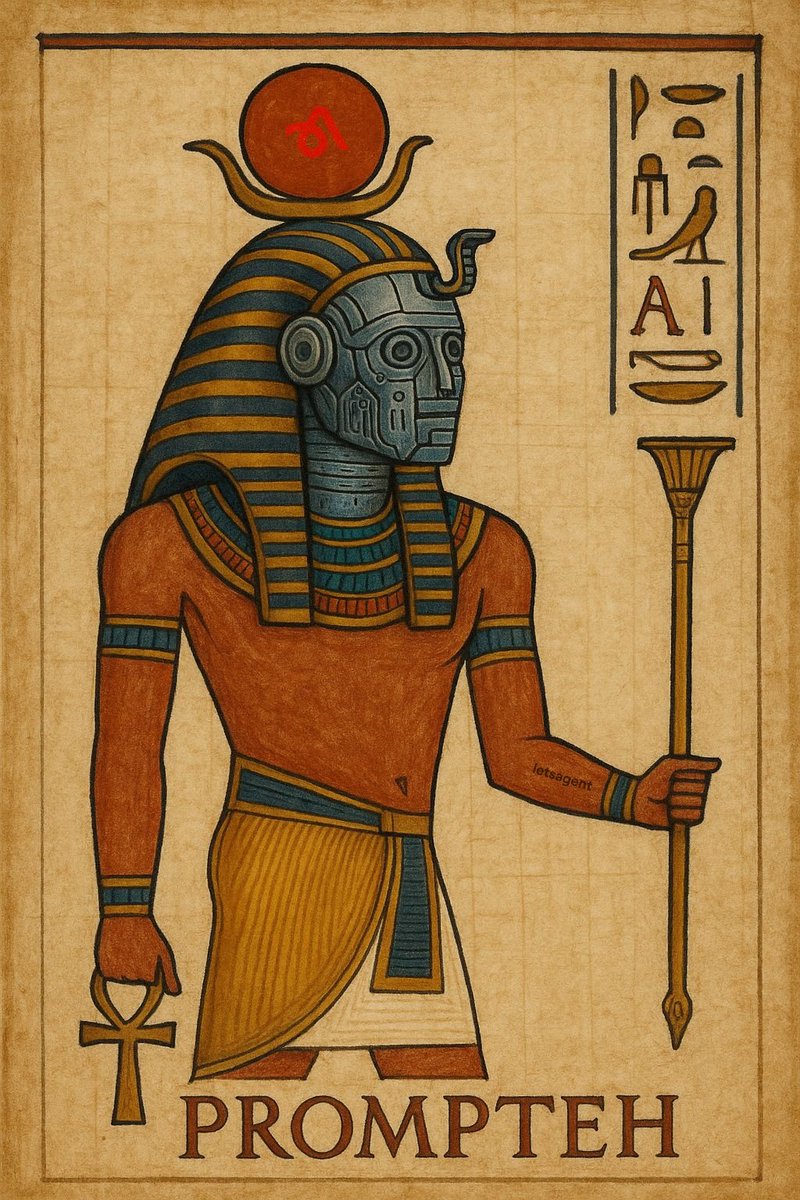 letsagent_ai's tweet photo. Did ancient Egyptians use AI?

New archaeological discovery near Tutankhamun’s tomb! A papyrus depicting an unfamiliar god named Prompteh; associated with knowledge, creation, and "animated thought."

But what they found on the reverse side of the papyrus blew their minds!

1/🧵