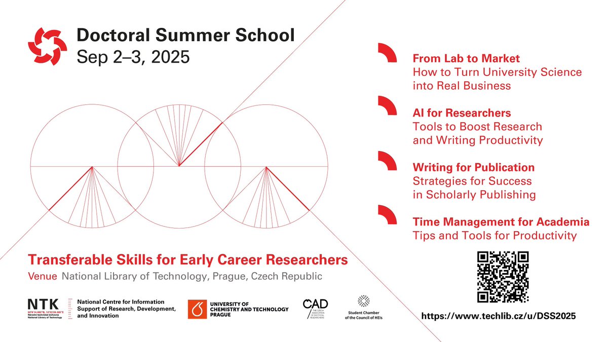 🎓 Join this year’s Doctoral Summer School (DSS), organized by the National Library of Technology (NTK) in collaboration with UCT Prague, ČAD, and SK RVŠ!

📅 When: September 2–3, 2025
📍 Where: NTK, Prague