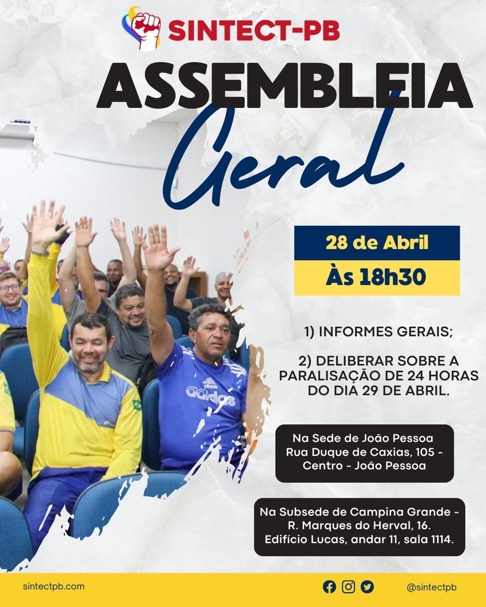 sintectpb's tweet photo. Vamos deliberar sobre a adesão à Paralisação Nacional do dia 29 de abril, em defesa:

✊🏽 De melhorias no plano de saúde
✊🏽 De condições dignas de trabalho
✊🏽 Da contratação imediata dos concursados
✊🏽 Do fim do assédio moral
✊🏽 Do cumprimento do nosso acordo coletivo!

#SINTECTPB https://t.co/fAY94VkH1h