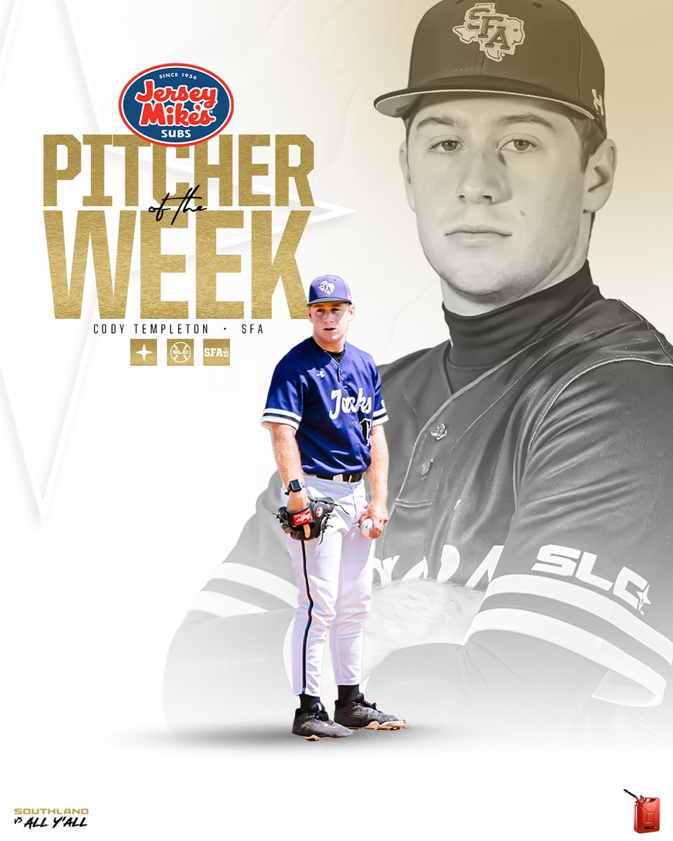 GETTING IT DONE

After tossing a complete game over rival Northwestern State, allowing one run on four hits with 8 K's, <a href="/SFA_Baseball/">Lumberjack Baseball</a> LHP Cody Templeton has been named the <a href="/jerseymikes/">Jersey Mike's Subs</a> Southland Baseball Pitcher of the Week!

#GTL x <a href="/CodyTempleton1/">Cody Templeton</a>