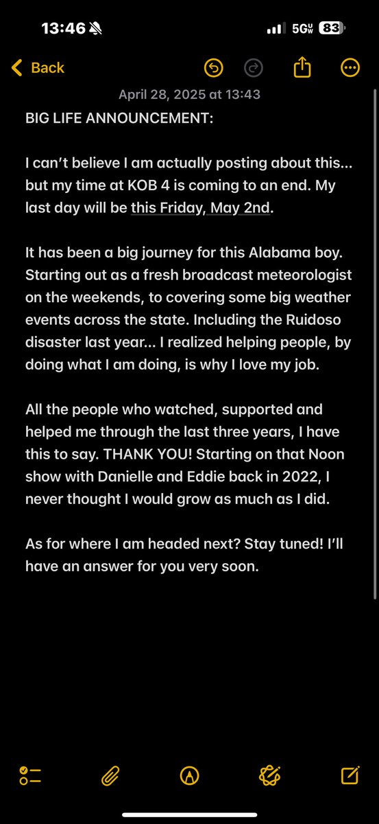 BIG LIFE ANNOUNCEMENT: my last day <a href="/KOB4/">KOB 4</a>  is this Friday, May 2…