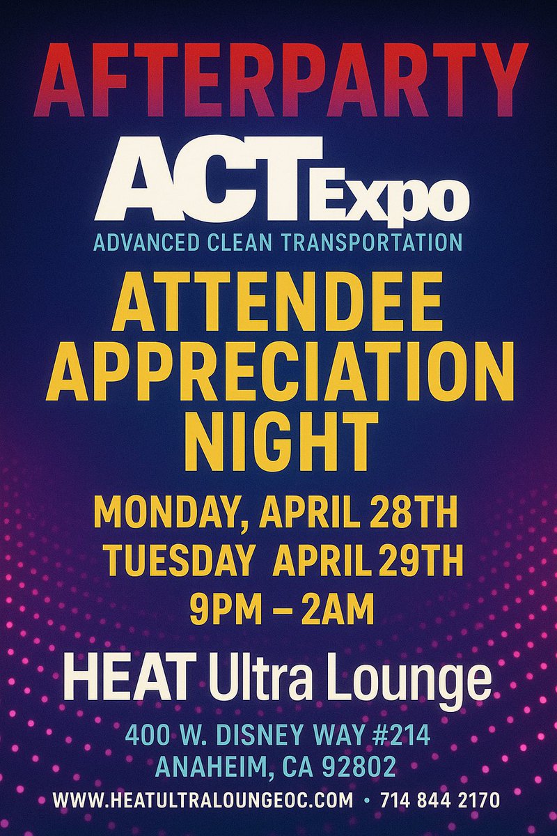 HeatAnaheim's tweet photo. Join Us Tonight And Tuesday 4/29 For Green Vibes, Neon Lights And Electrifying Energy At The @ACTExpo After Party. Surround Yourself With The Trailblazers Shaping Tomorrow's Mobility. 
RSVP Here: https://t.co/HwWn6xBGCB
#ACTExpo #ACTExpo2025 #CleanTransportation https://t.co/rEikyesLbY